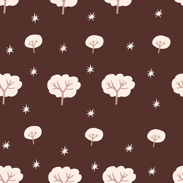 Seamless pattern with cute boho winter trees Trees with snow dark brown background