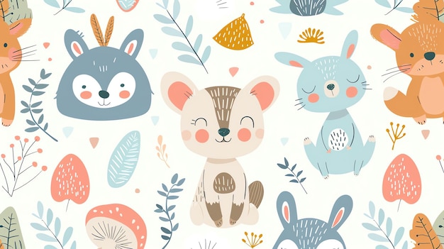 Seamless pattern with cute cartoon animals leaves and mushrooms