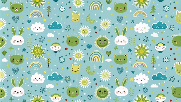 Seamless pattern with cute cartoon animals rainbows clouds stars and flowers on a blue background