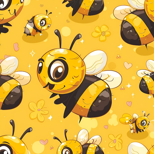 Seamless pattern with cute cartoon bees and flowers Vector illustration