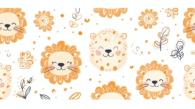 A seamless pattern with cute cartoon lions and flowers The lions are orange and white and the flowers are pink yellow and blue