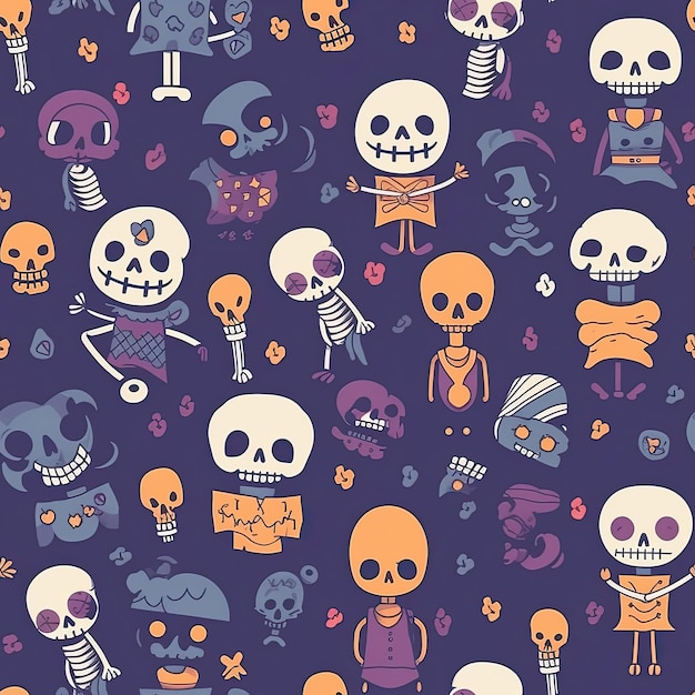 Seamless pattern with Cute cartoon skeleton character illustration wallpaper background design Generative AI