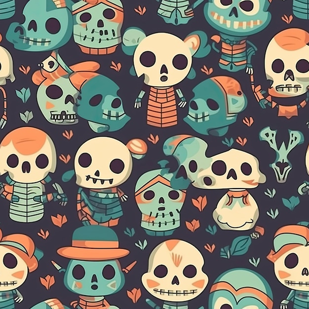 Seamless pattern with Cute cartoon skeleton character illustration wallpaper background design Generative AI