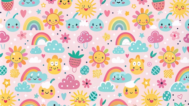 A seamless pattern with cute cartoon suns clouds rainbows cherries flowers pineapples and hearts on a light pink background