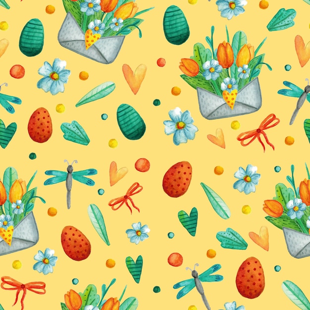 Seamless pattern with cute Easter watercolor illustrations.