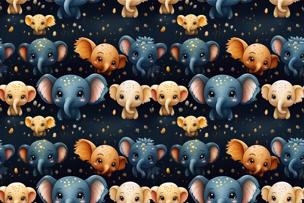 Photo seamless pattern with cute elephants on a dark background