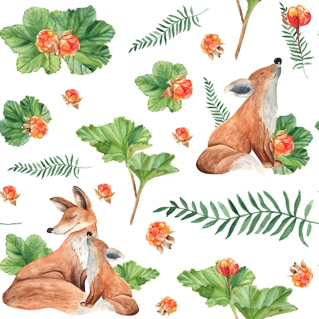 Seamless pattern with cute foxes cloudberries and green twigs Watercolor hand drawn illustration