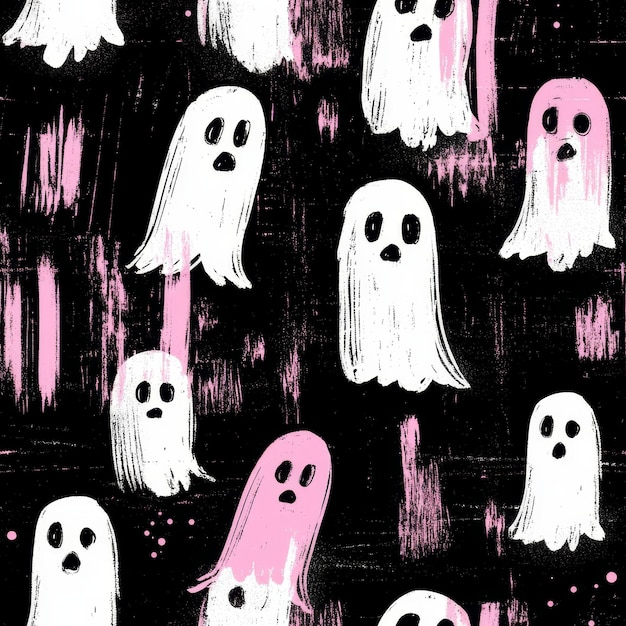 Photo seamless pattern with cute ghosts on black background vector illustration