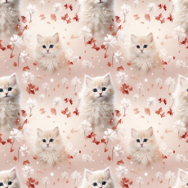 Seamless pattern with cute kittens and flowers Watercolor illustration