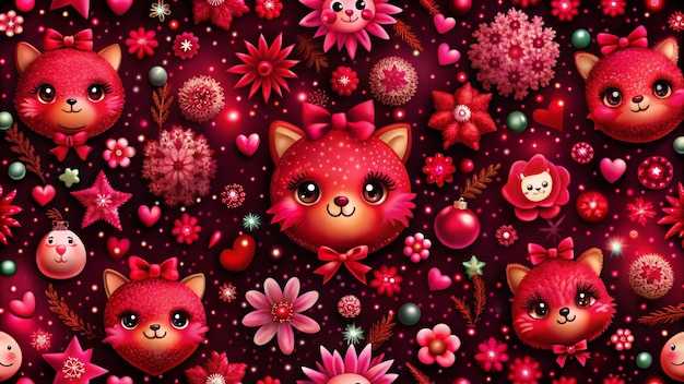 Seamless pattern with cute red cats flowers stars hearts and Christmas ornaments on a dark red background