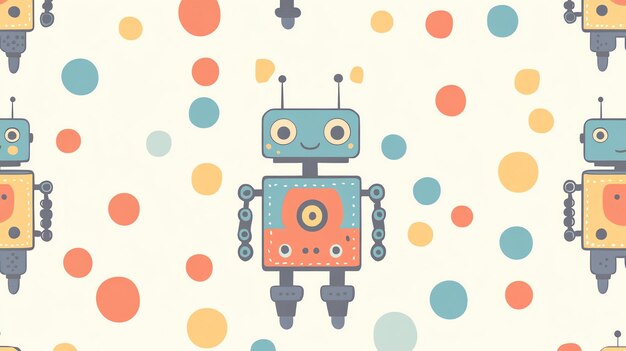 A seamless pattern with cute robots and colorful polka dots on a white background