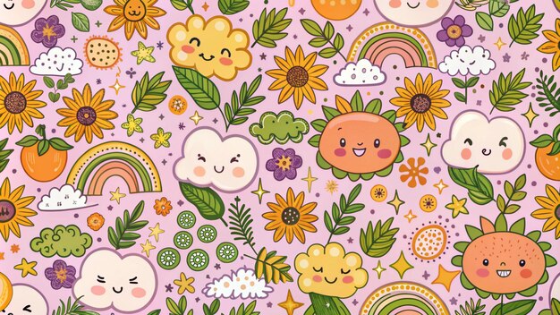 Seamless pattern with cute smiling clouds rainbows flowers and suns on pink background