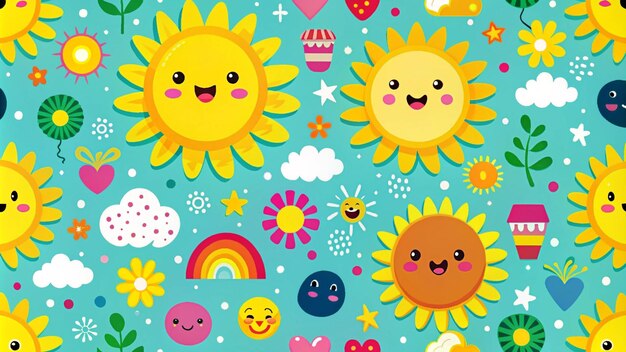 Photo seamless pattern with cute suns flowers rainbows and hearts on a blue background