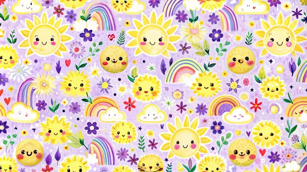 Seamless pattern with cute suns rainbows clouds and flowers on purple background