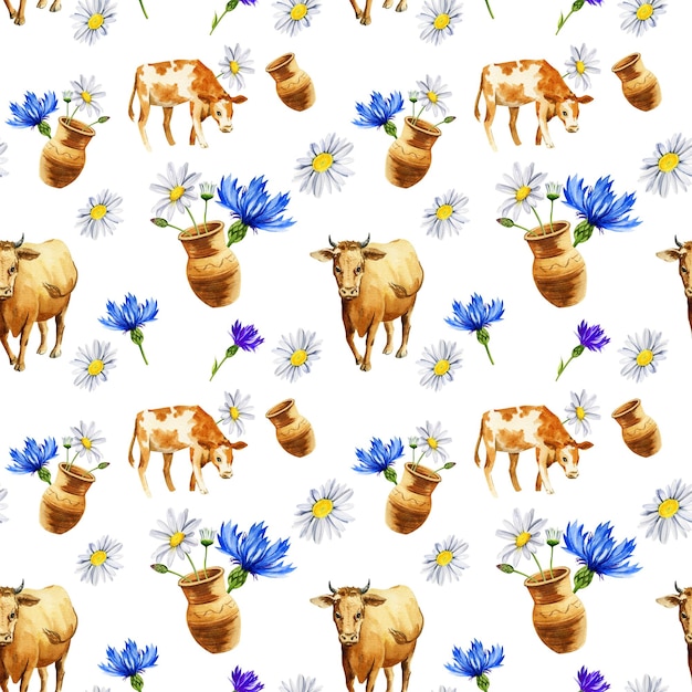 Seamless pattern with daisies cows calf wildflowers watercolor hand drawn illustration