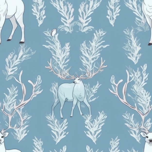 A seamless pattern with deer and plants.