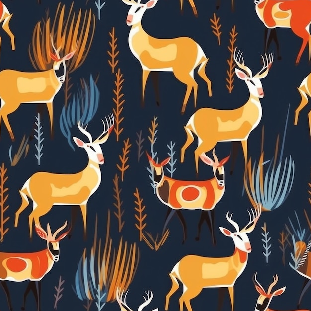 A seamless pattern with deers and plants.