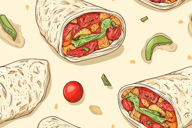 Seamless pattern with delicious mexican burrito