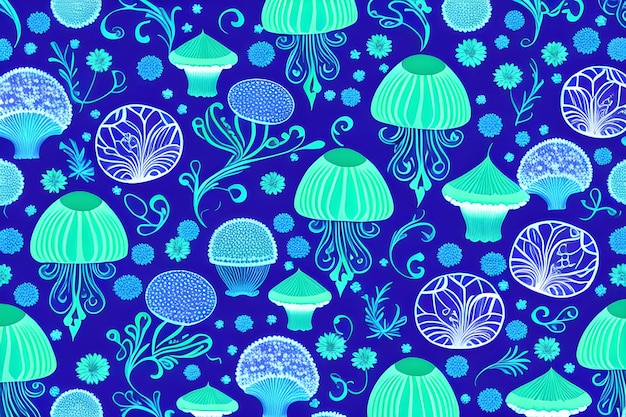 A seamless pattern with different colored mushrooms on a blue background.