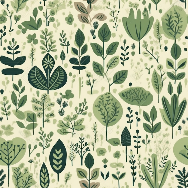 A seamless pattern with different leaves and plants.