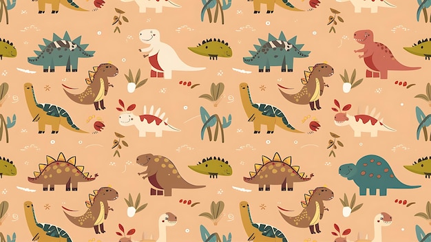 seamless pattern with different types of cute dino