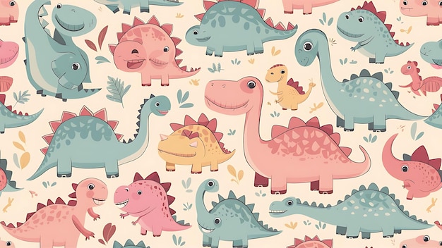 seamless pattern with different types of cute dino