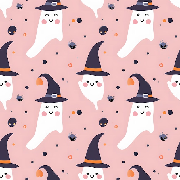 Photo seamless pattern with a digital illustration of cute ghosts wearing witch hats