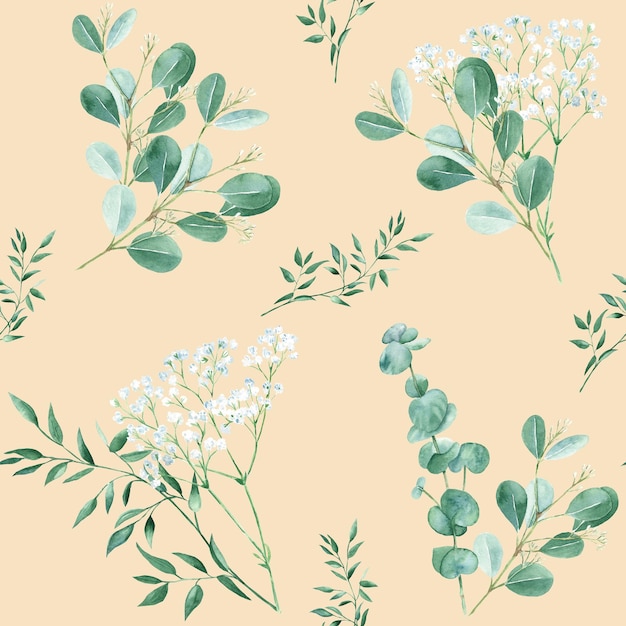 Seamless pattern with eucalyptus gypsophila and pistachio branches on beige background watercolor