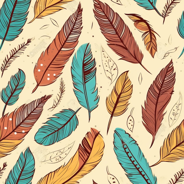 Seamless pattern with feathers on a beige background.