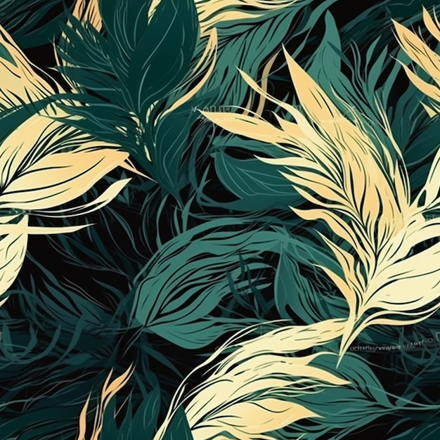 A seamless pattern with feathers on a black background.