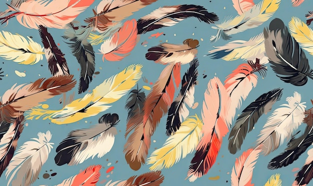 Seamless pattern with feathers on turquoise background Colorful bird feathers fly apart