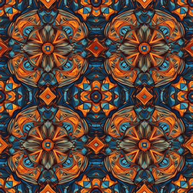 A seamless pattern with a flower design in orange, blue, and black colors.