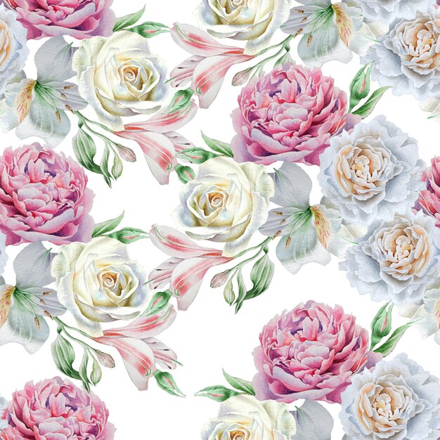 Seamless pattern with flowers. Alstroemeria. Rose. Lily. Watercolor. Hand drawn.