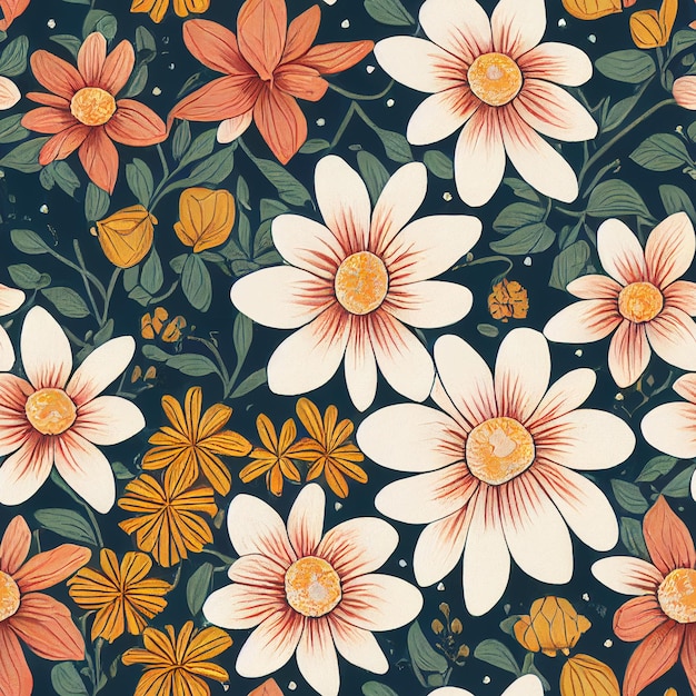 A seamless pattern with flowers on a dark background.