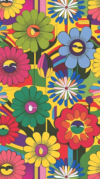 Seamless pattern with flowers illustration in retro style