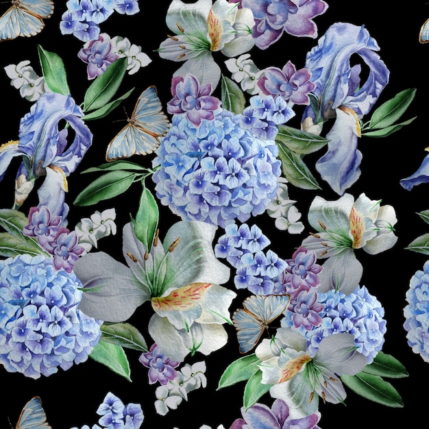 Seamless pattern with flowers Iris Alstroemeria Hydrangea Butterflies