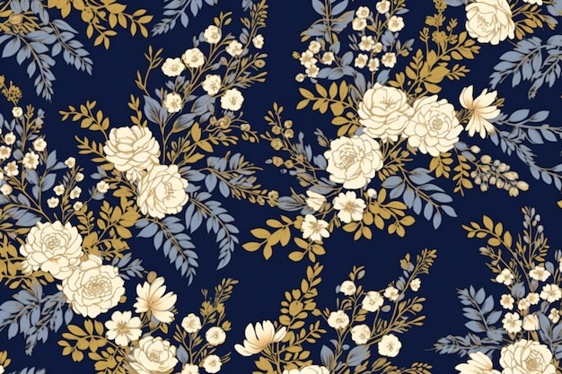 Seamless pattern with flowers and leaves on dark blue background