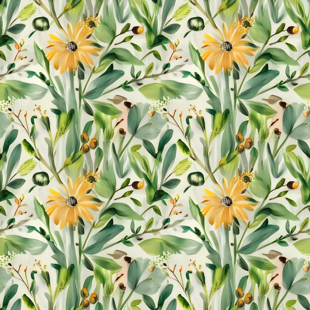 Seamless pattern with flowers and leaves Hand drawn background floral pattern for tiles or fabric