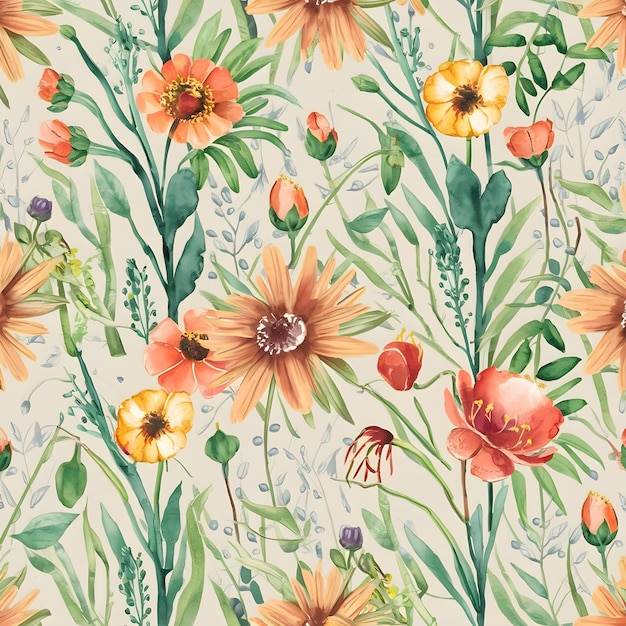 Seamless pattern with flowers and leaves Hand drawn background floral pattern for tiles or fabric