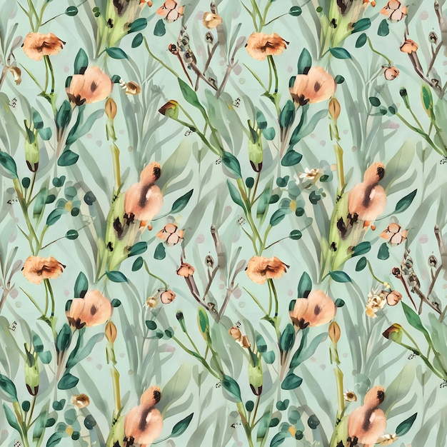 Seamless pattern with flowers and leaves Hand drawn background floral pattern for tiles or fabric