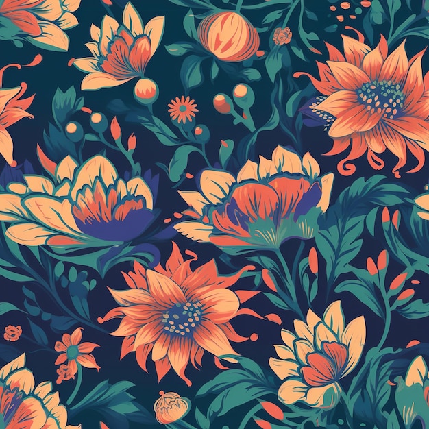 A seamless pattern with flowers and leaves in orange and blue.