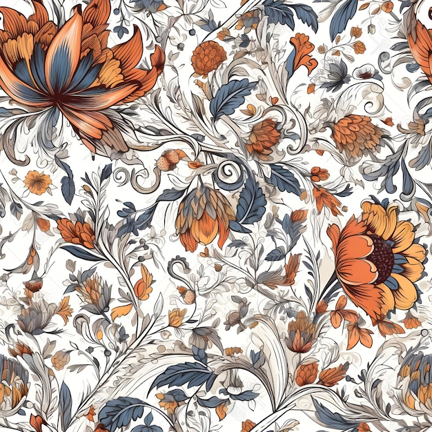 Seamless pattern with flowers and leaves on a white background.