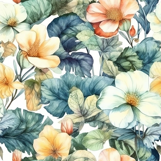 A seamless pattern with flowers and leaves.