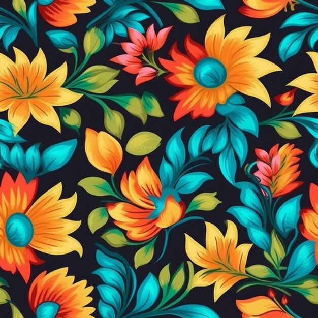 A seamless pattern with flowers and leaves.