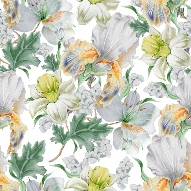 Seamless pattern with flowers. Narcissus. Iris. Lily. Watercolor illustration. Hand drawn.