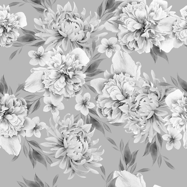 Seamless pattern with flowers. Peony. Watercolor illustration. Hand drawn.