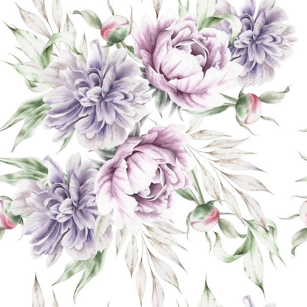 Seamless pattern with flowers Peony Watercolor illustration Hand drawn