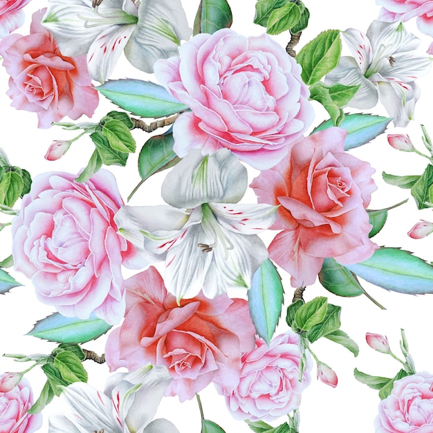 Seamless pattern with flowers. Rose. Alstroemeria.  Watercolor illustration. Hand drawn.