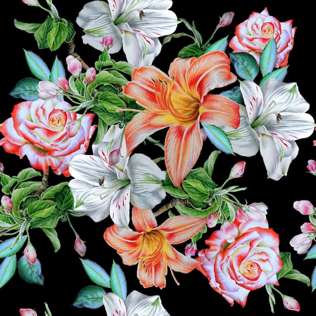 Seamless pattern with flowers. Rose. Lily. Alstroemeria.  Watercolor illustration. Hand drawn.