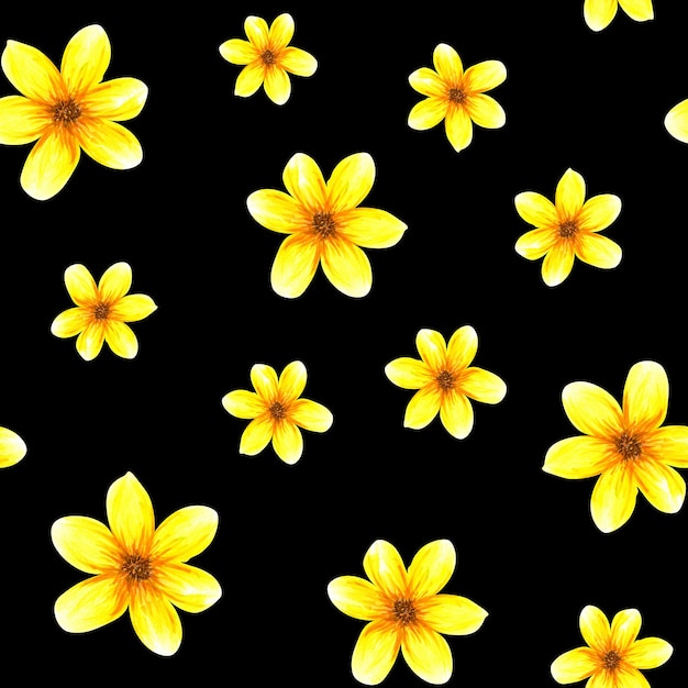 Seamless pattern with flowers Watercolor abstract bright summer yellow flowers Isolated objects on black background